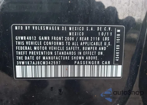 2012 Volkswagen Jetta 2.0L S из США, поврежденный, VIN 3VW1K7AJ8CM342597